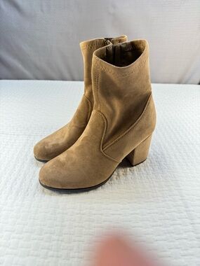 Buckle Camel Suede Mid-Heel Ankle Boots